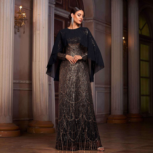 Women's Long-Sleeve Round-Neck Sequined High-Waist Maxi Evening Gown | Black Gold | S–XL