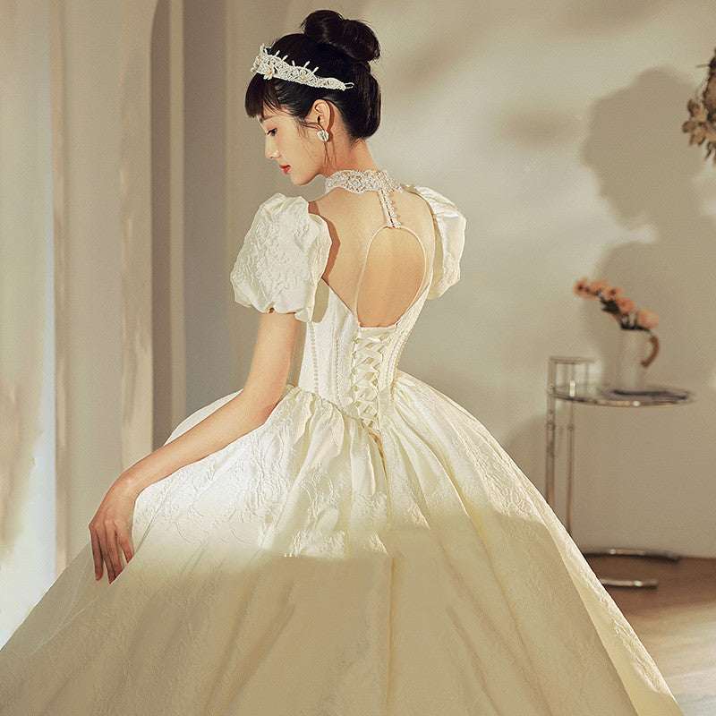 Vintage French Satin Strap Wedding Dress | Floor-Length & Trailing | S–2XL
