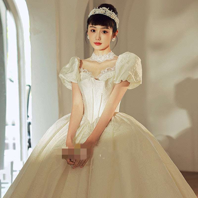 Vintage French Satin Strap Wedding Dress | Floor-Length & Trailing | S–2XL