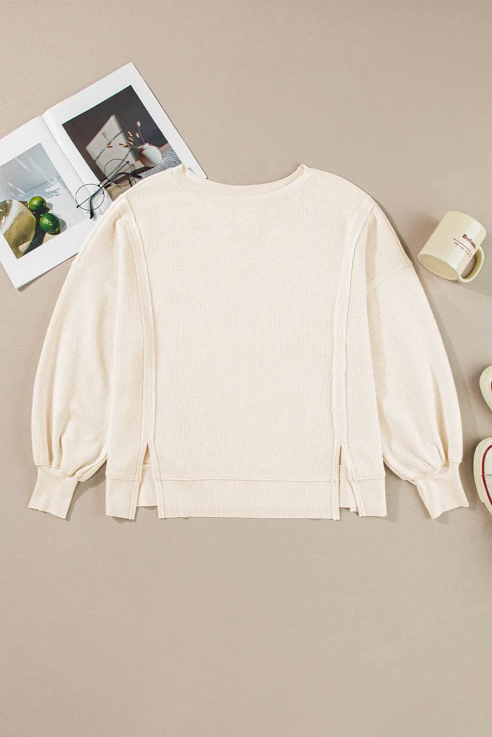 Slit Waffle-Knit Round Neck Long Sleeve Top - Millivan supplies 