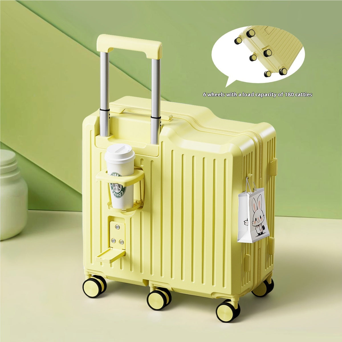 Yellow suitcase with wheels and a handle on a light green background