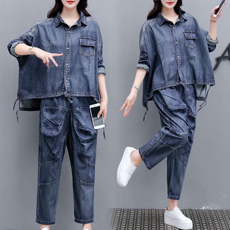 Women's Plus Size Long-Sleeve Top & Cropped Harem Pants Co-ord Set | Denim Blue | L–2XL