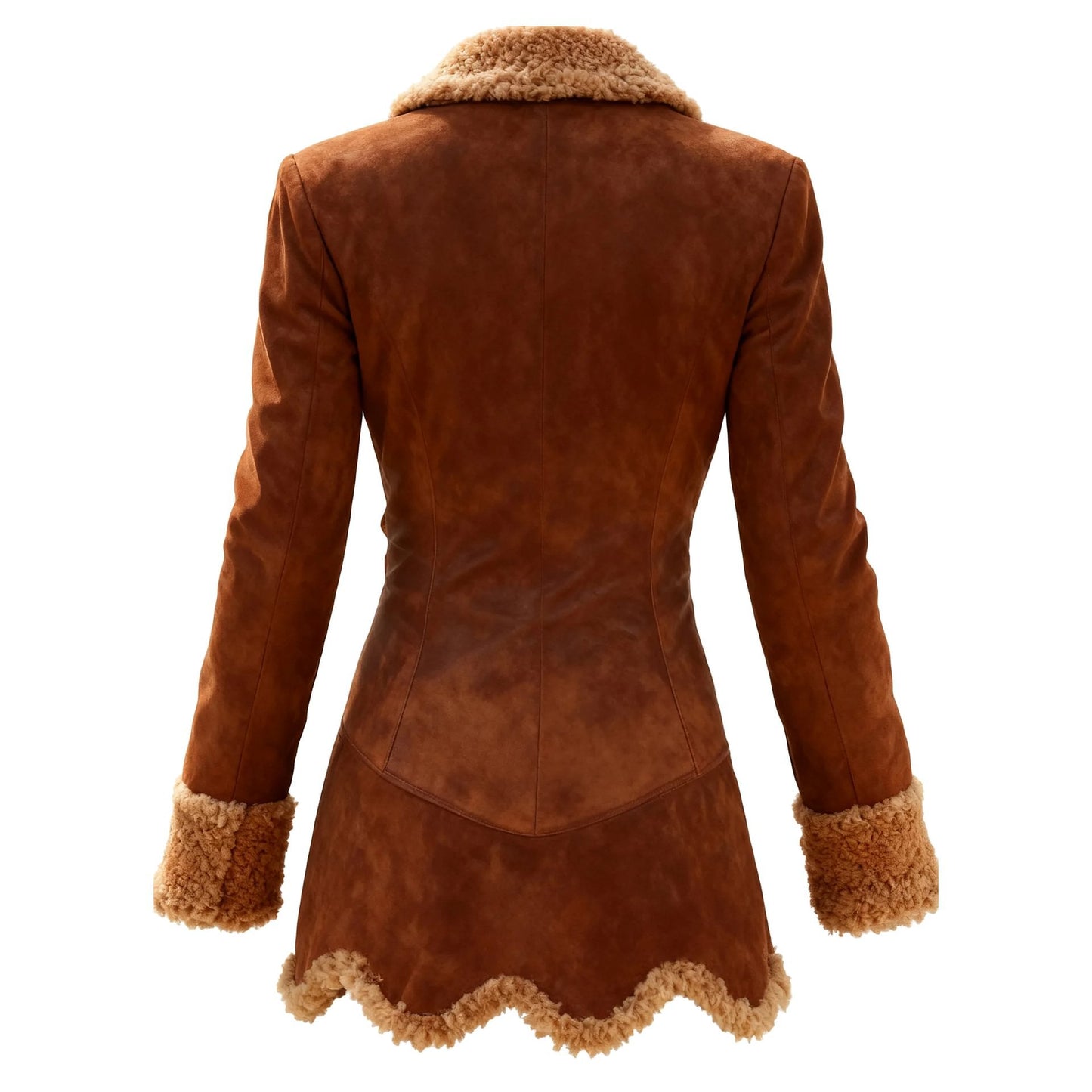 Brown suede jacket with fur trim on a white background