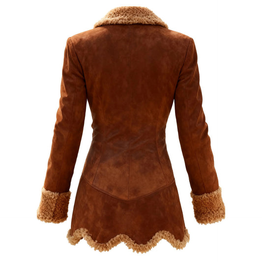 Brown suede jacket with fur trim on a white background