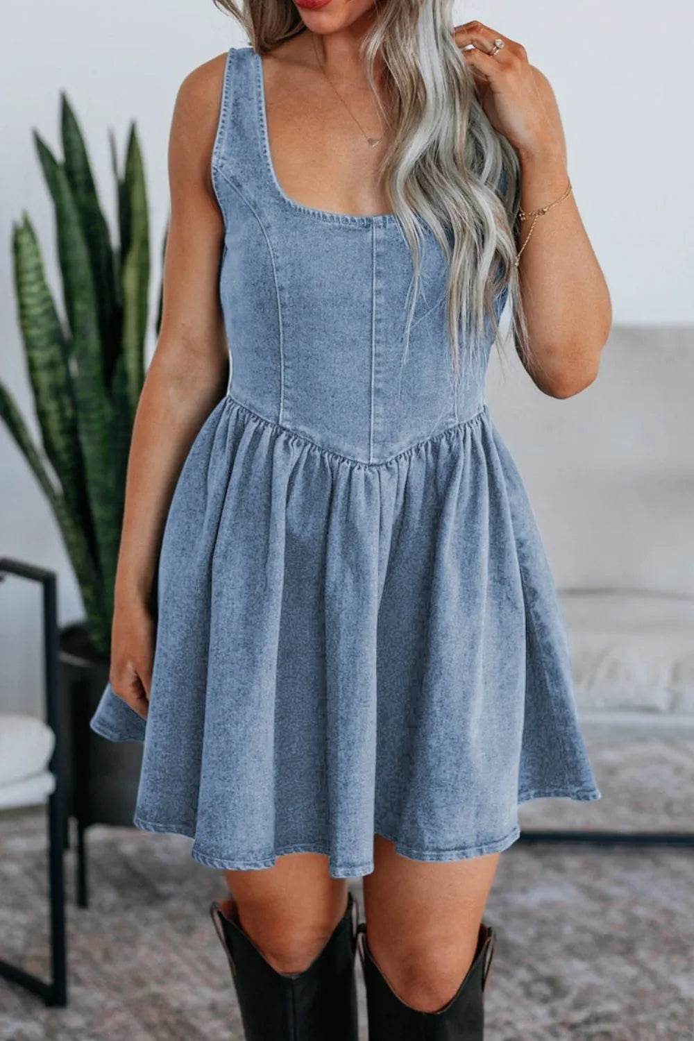 V-Back Bow Tie Denim Skater Dress - Millivan supplies 