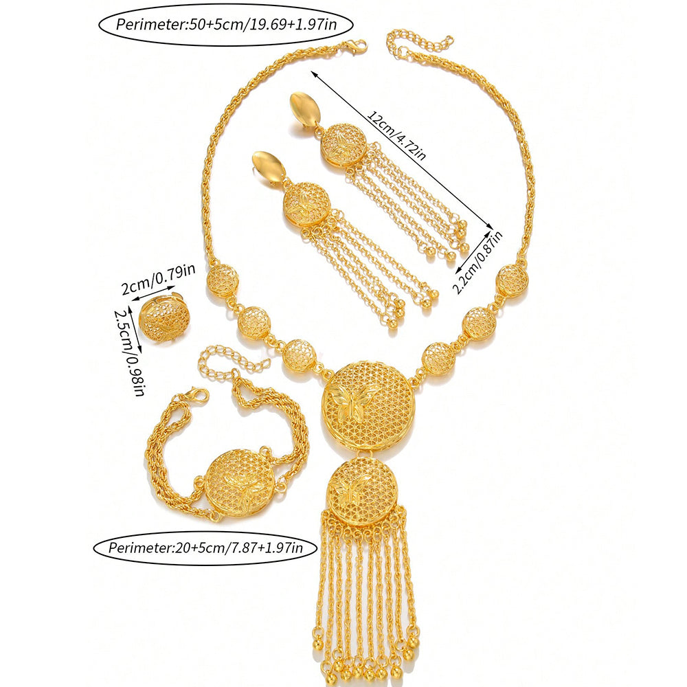 Gold jewelry set with necklace, earrings, and bracelet on a white background