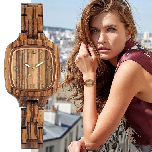 Bamboo Wood Square Watch - Gold Digital Face