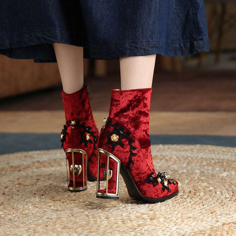 Women's Beaded Embroidery Mid-Tube Boots – High Heel Side Zipper Fashion Boots