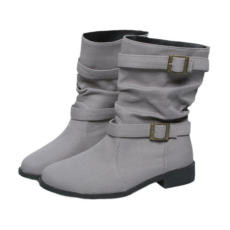 Le Denim Haut — Leather-Stitch Slip-On Square-Heel Knee-High Boots