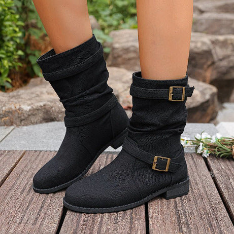 Le Denim Haut — Leather-Stitch Slip-On Square-Heel Knee-High Boots