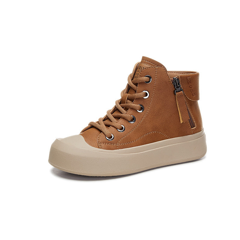 Brown high-top sneaker with a beige sole on a white background