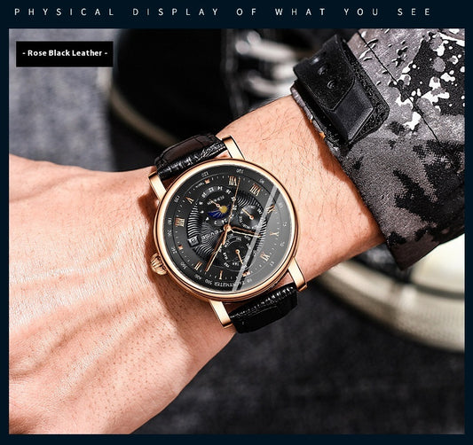 Rose gold watch with black leather strap on a wrist, with text 'PHYSICAL DISPLAY OF WHAT YOU SEE' and 'Rose Black Leather'.