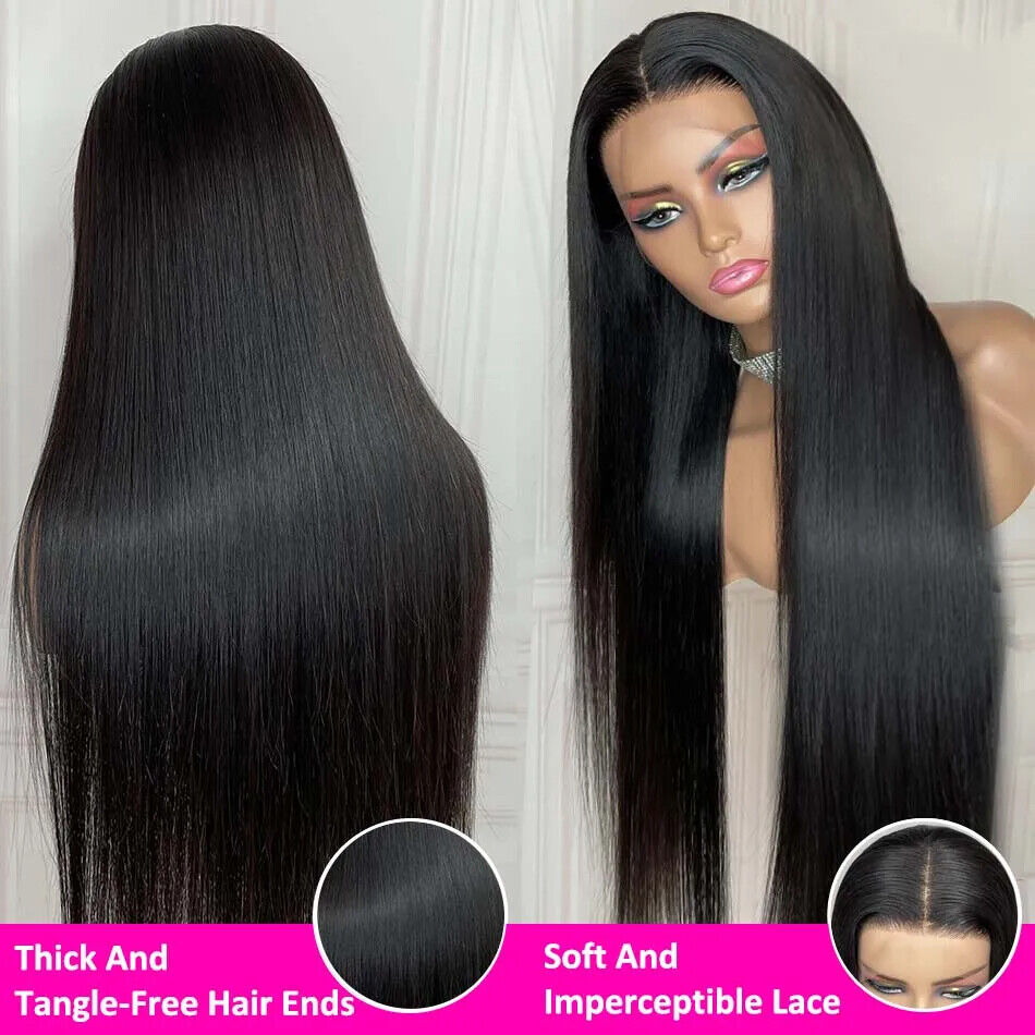 Black straight wig with close-up details on hair quality and lace, against a neutral background.