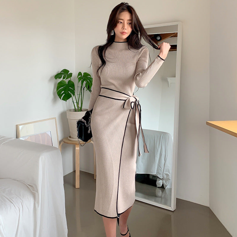 Women's Stand-Collar Long-Sleeve Sweater Dress With Lace Waist Panel | Apricot & Black | One Size