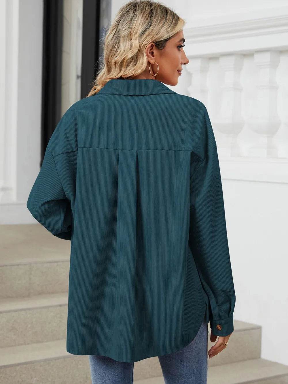 Button Up Dropped Shoulder Long Sleeve Outerwear - Millivan supplies 