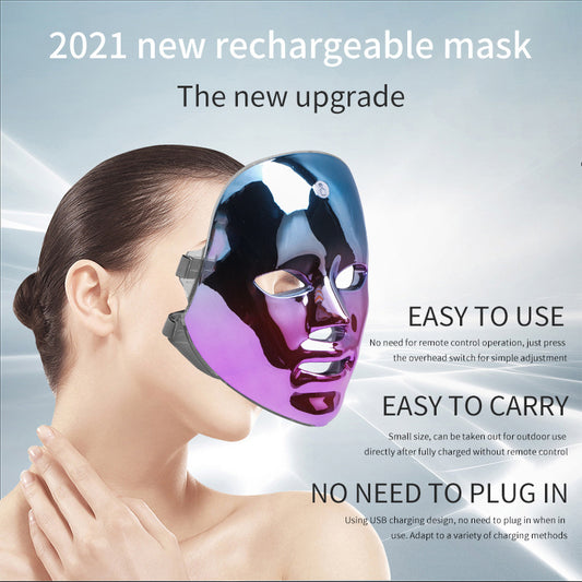 Woman wearing a futuristic mask with text highlighting its features on a light gray background