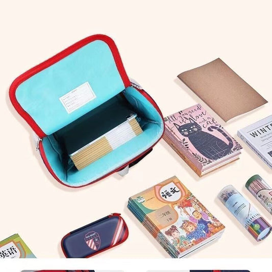 Colorful stationery items including a blue pencil case, notebooks, and a pen on a white background.