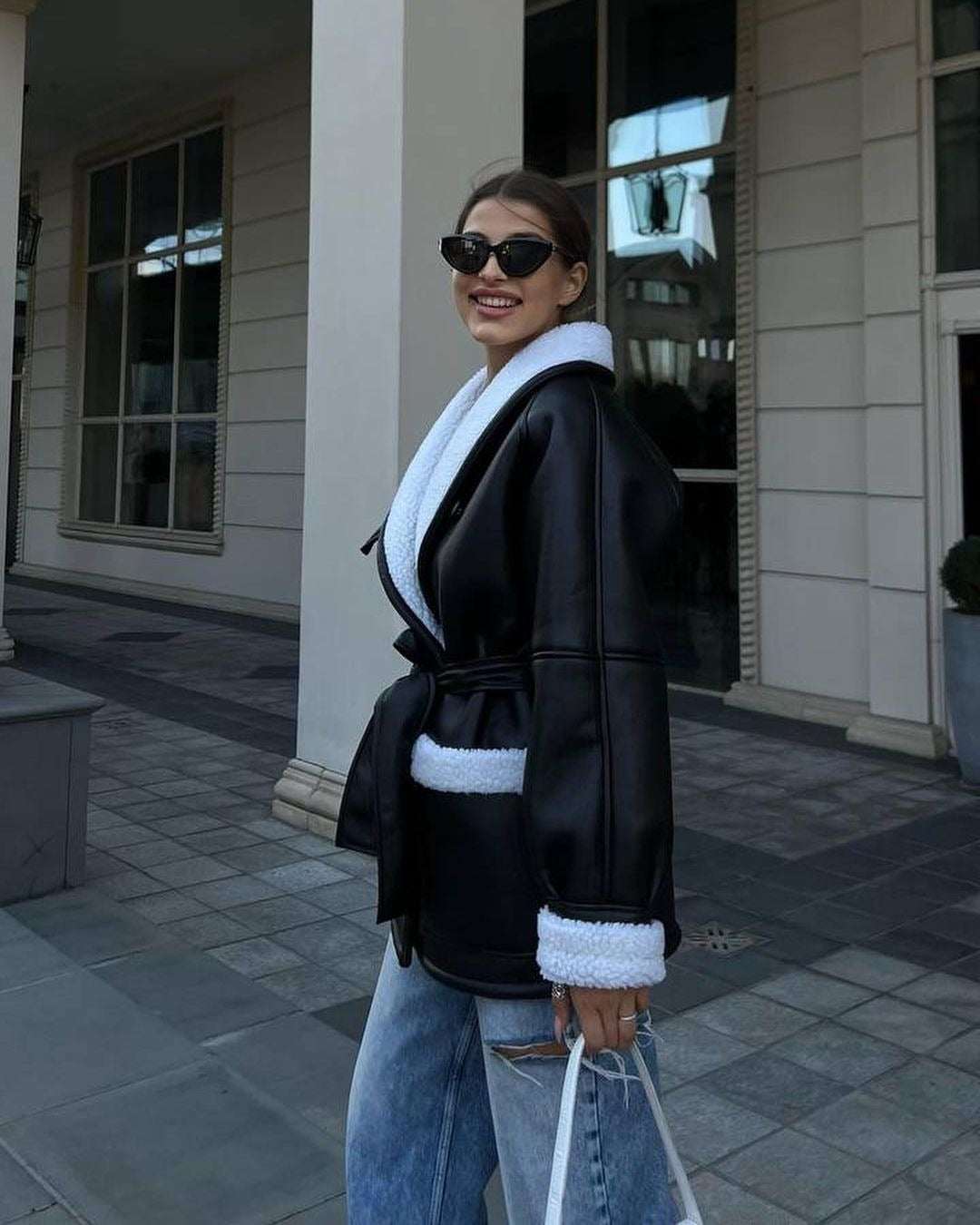Korean Style Leather & Fur Splicing Coat - Women's Long Sleeve Trench