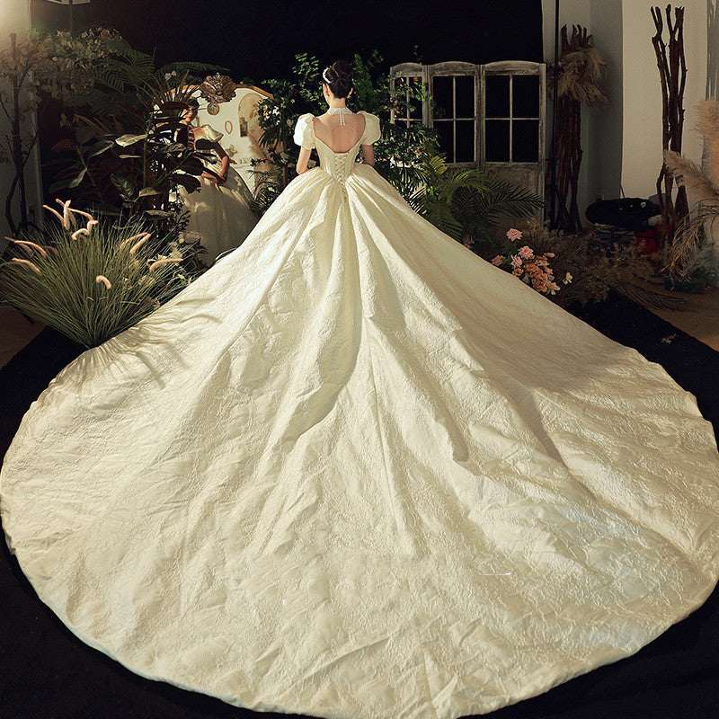 Vintage French Satin Strap Wedding Dress | Floor-Length & Trailing | S–2XL