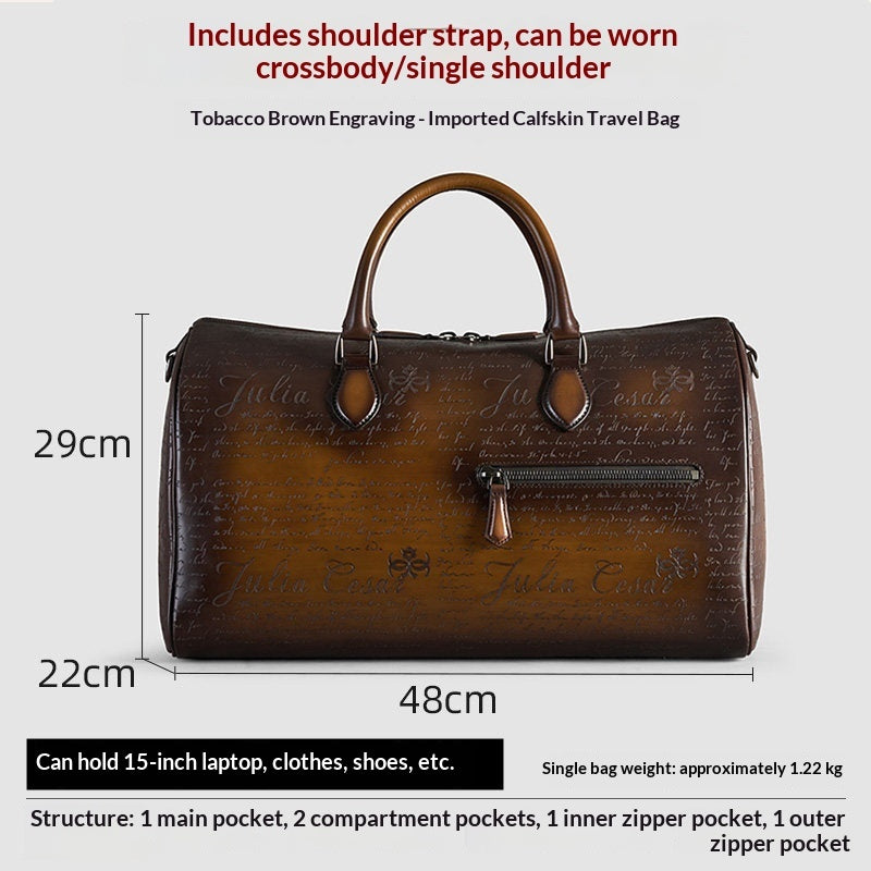 A brown embossed leather travel bag with dimensions labeled (48cm width, 29cm height, 22cm depth) on a light gray background, with text describing its tobacco brown engravings and crossbody/single-shoulder use.