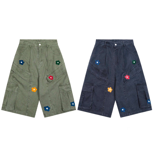 Women's Embroidered Cartoon Print Straight-Leg Capri Shorts | Dark Blue & Green | S–XL
