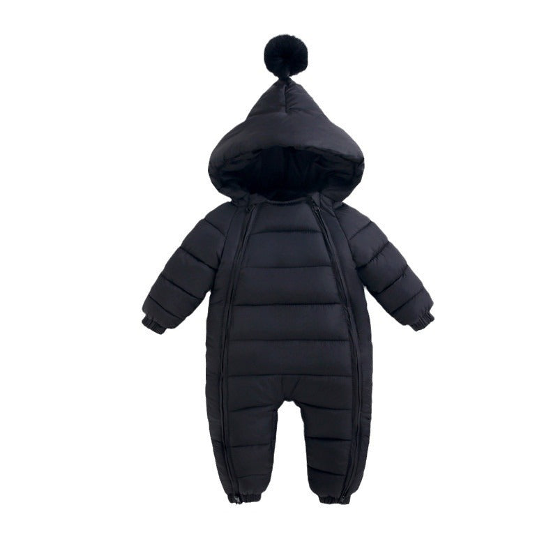 Black baby snowsuit with hood on a white background