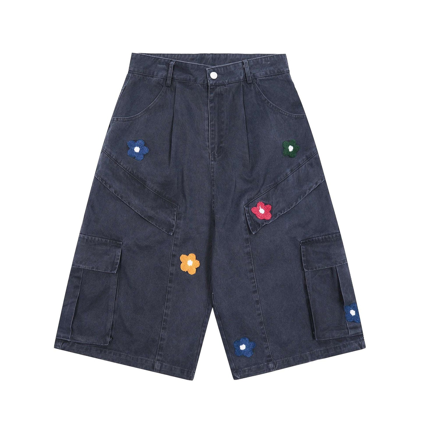 Women's Embroidered Cartoon Print Straight-Leg Capri Shorts | Dark Blue & Green | S–XL