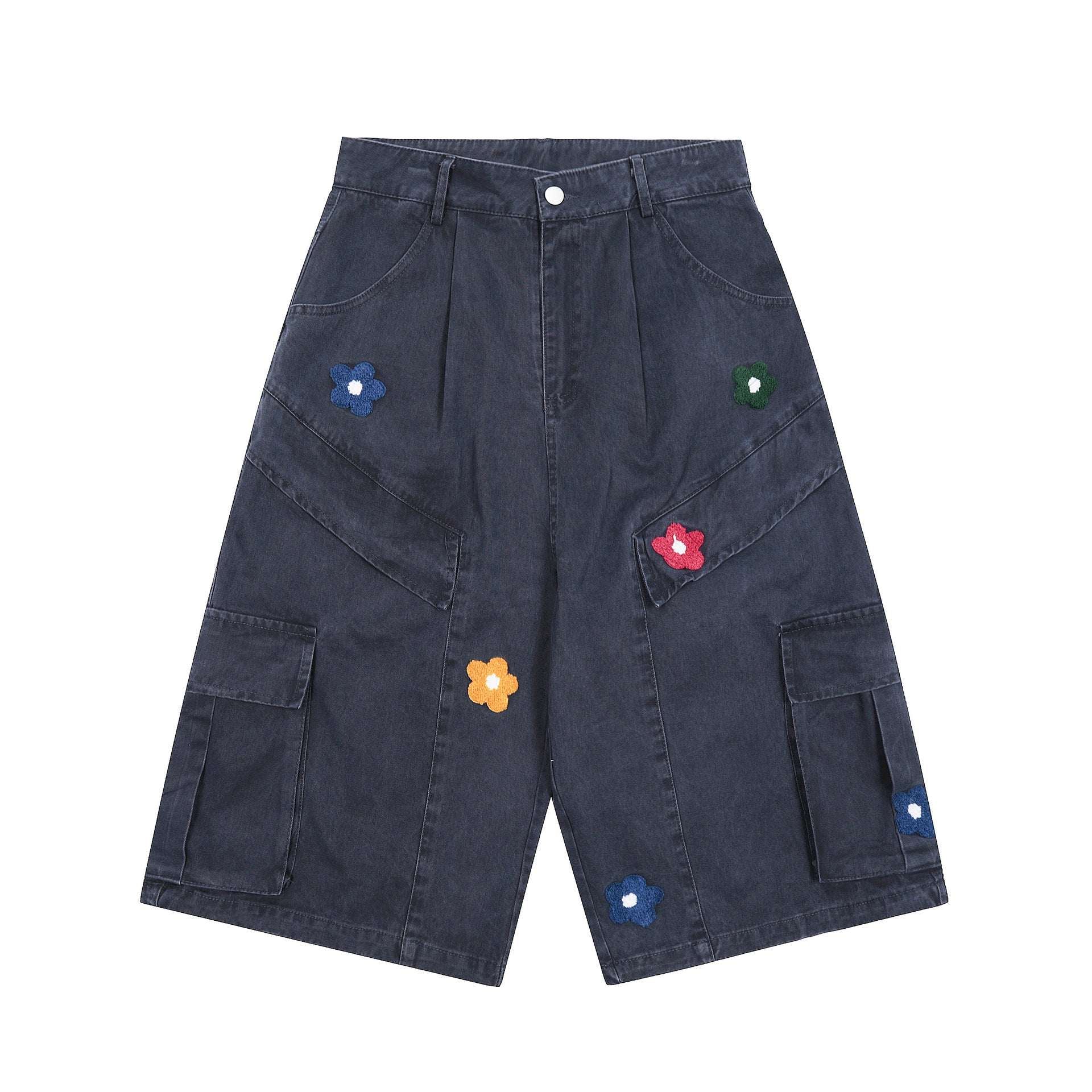 Women's Embroidered Cartoon Print Straight-Leg Capri Shorts | Dark Blue & Green | S–XL