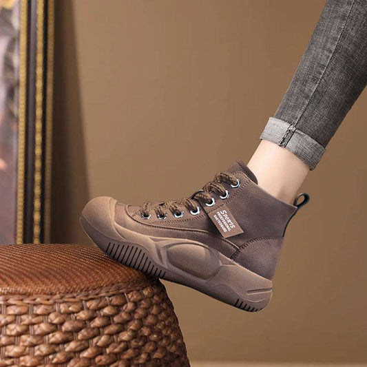 Women's Height-Increasing Leather Boots - Thick Sole High-Top Casual Boots