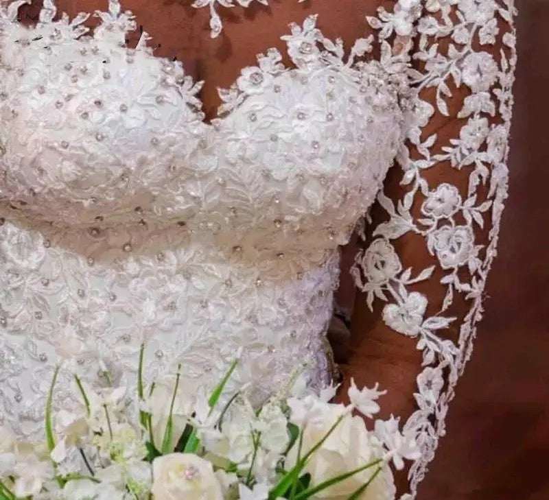 Women's Long Sleeve Mermaid Wedding Dress – Pearl Lace 3D Cut Bridal Gown | White | US Size 2–16