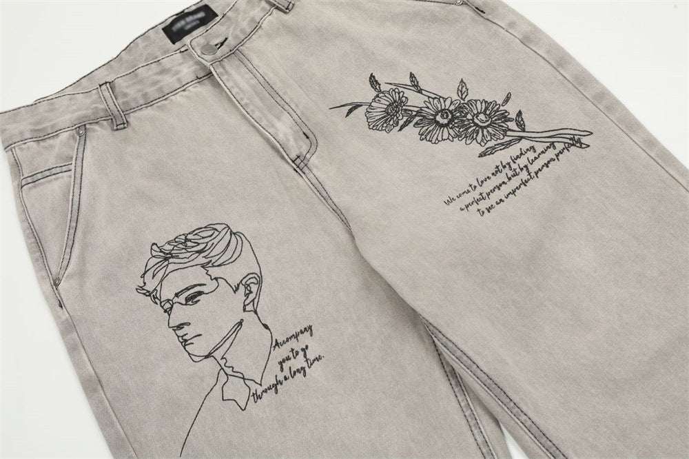 Men's Graffiti Print Loose Straight-Leg Denim Trousers | Light Gray | S–2XL