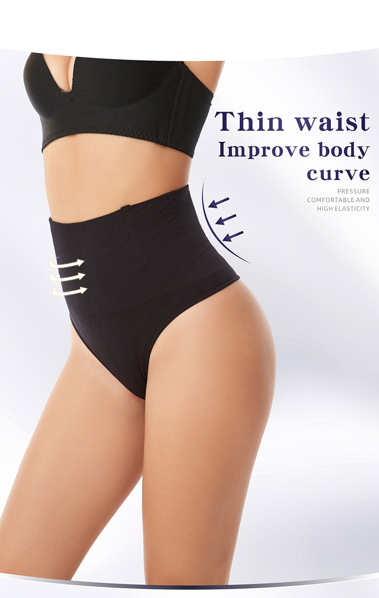 Black waist trainer being worn on a person with text indicating benefits on a light gray background