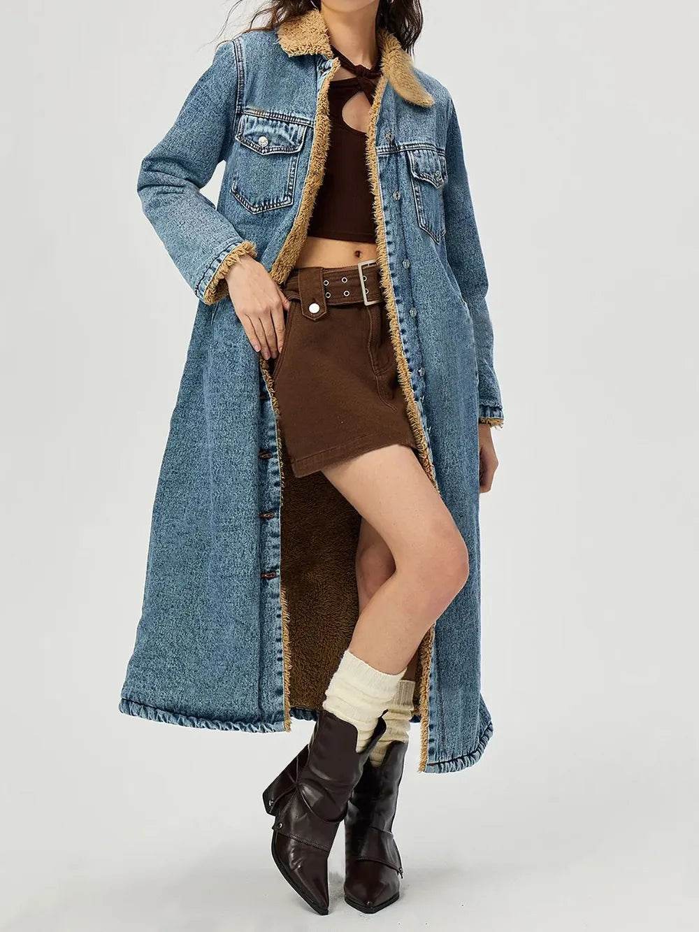 Pocketed Button Up Denim Jacket with Fur Lining - Millivan supplies 