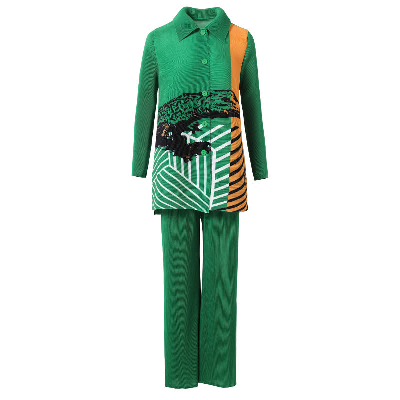 Green outfit with patterned design on a white background
