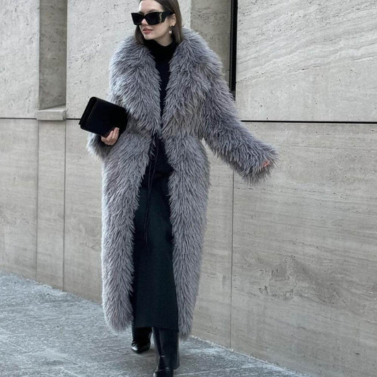 Gray Lapel Extended Plush Coat Warm Thickened Fleece-lined - Millivan supplies 