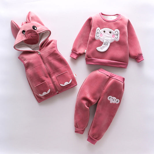Pink children's outfit with a hooded jacket, sweatshirt, and pants on a white background