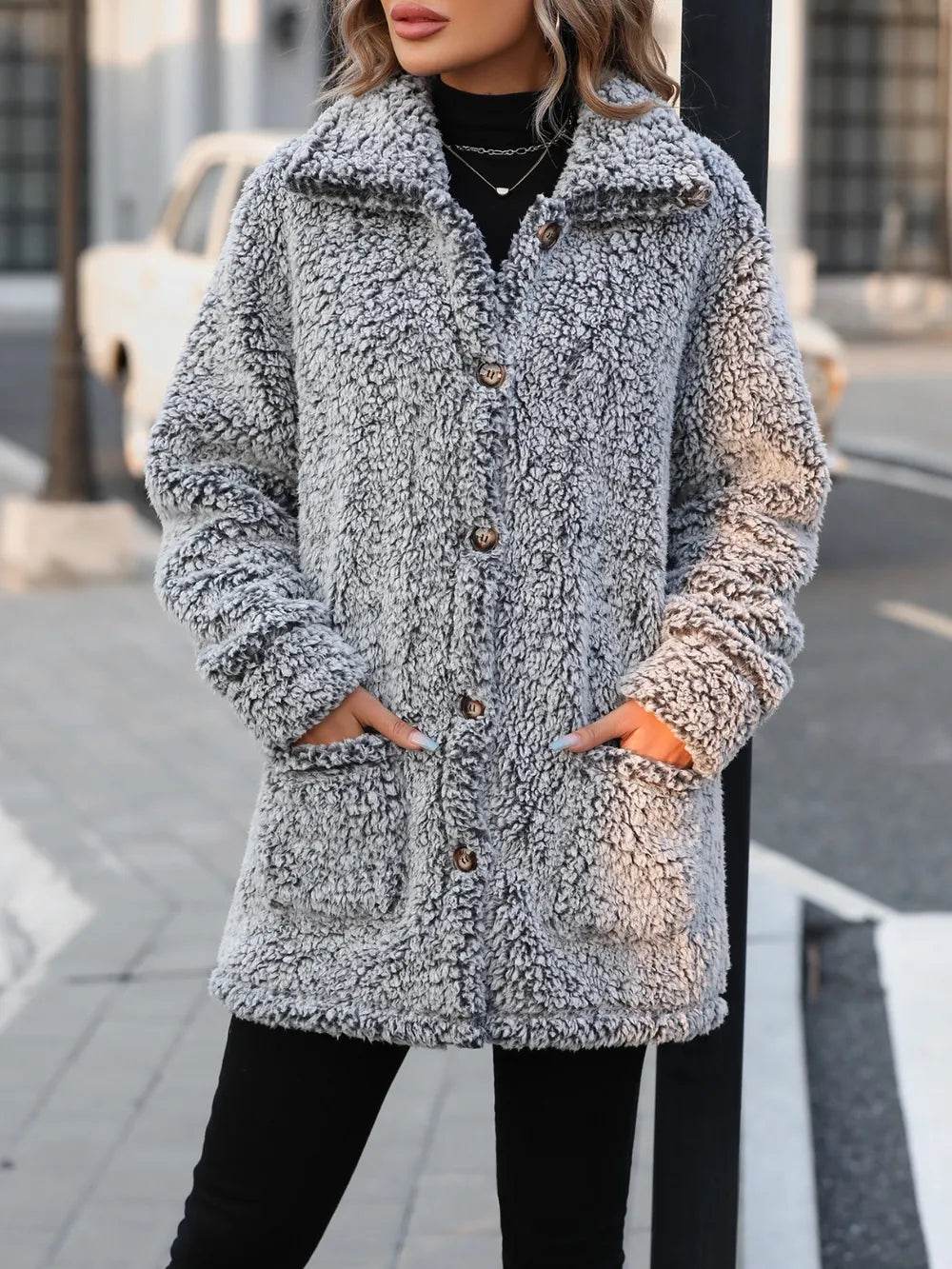 Pocketed Collared Neck Long Sleeve Plush Jacket - Millivan supplies 