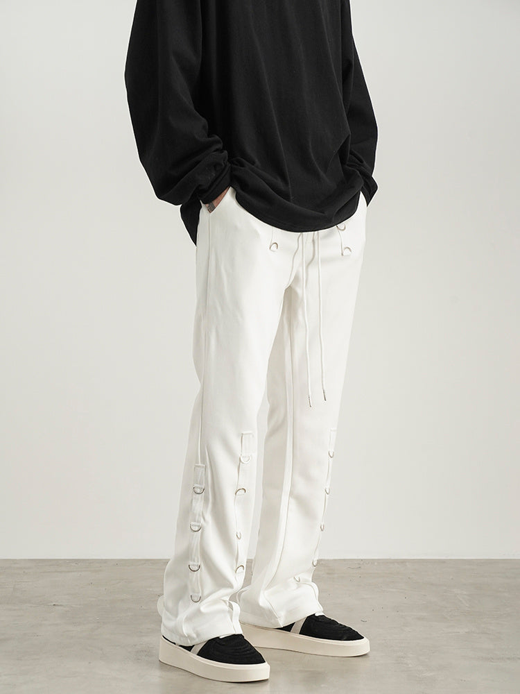 Suede Leather Hoop Embellished Micro-flared Trousers