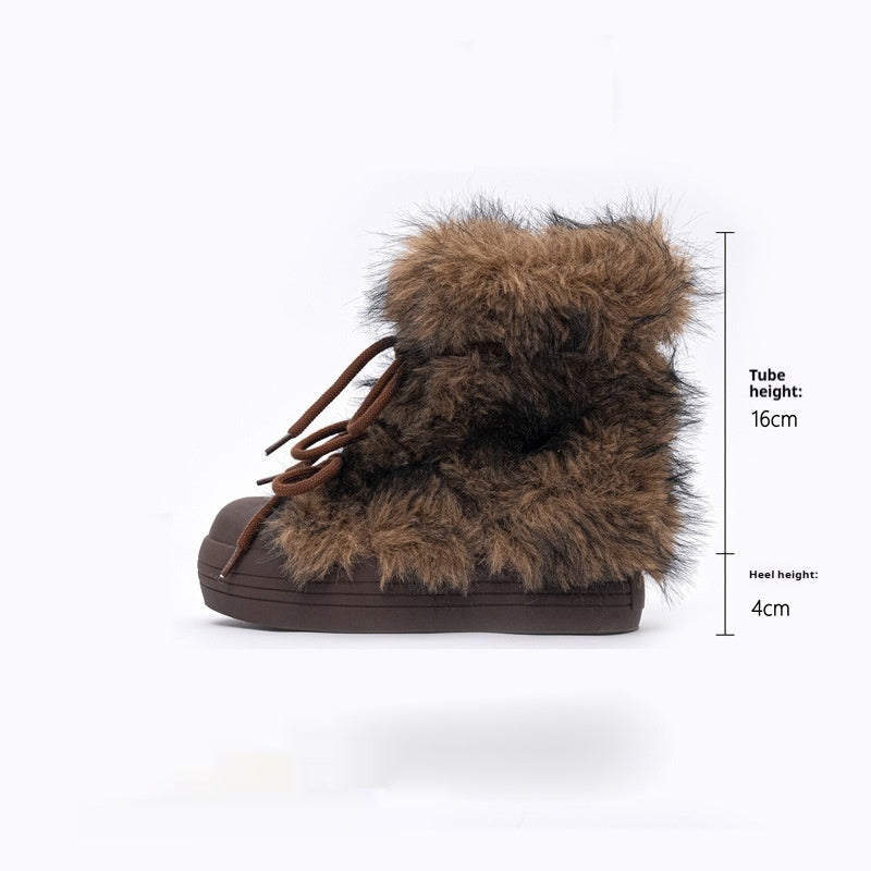 Brown fur-lined boot with measurements on a white background