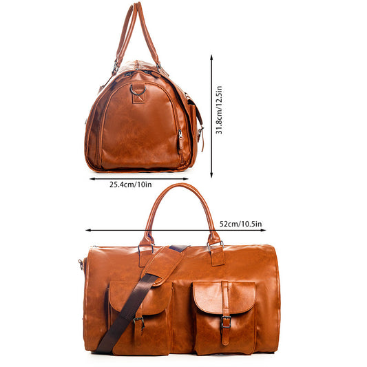 Brown leather bag with dimensions indicated on a white background