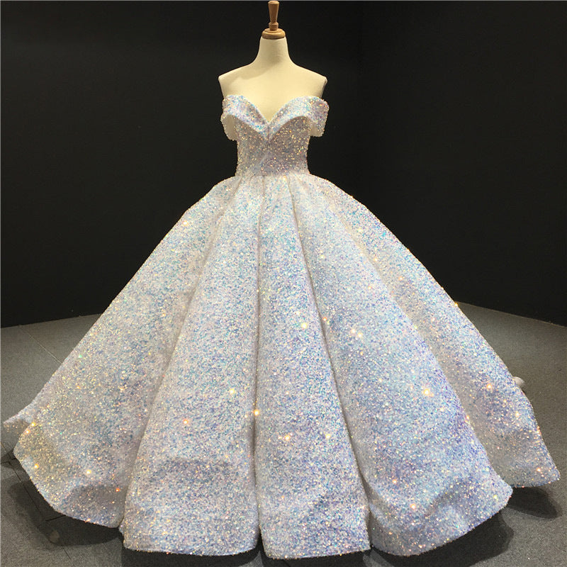 Paillette Sequined Lace Sleeveless Belt-Detail Ball Gown Wedding Dress