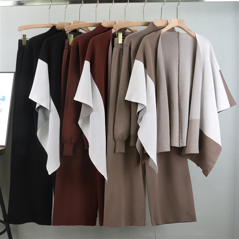 Women's Autumn Knitted Three-Piece Set - Adult European Fashion Shawl & Wide Leg Pants