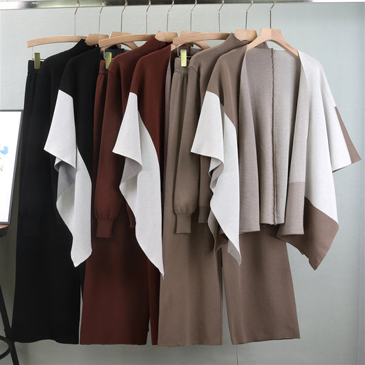Women's Autumn Knitted Three-Piece Set - Adult European Fashion Shawl & Wide Leg Pants