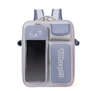 Backpack with phone pocket and cat-themed design on a white background