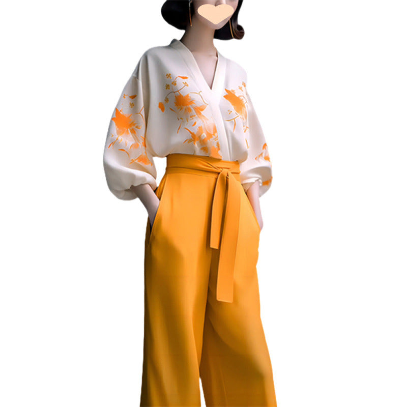 Women's Retro Two-Piece Set - Adult Slimming Shirt & Wide-Leg Pants Suit