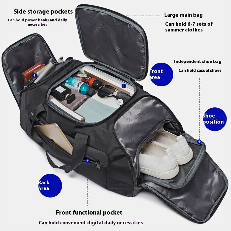 Black travel bag with labeled compartments on a white background