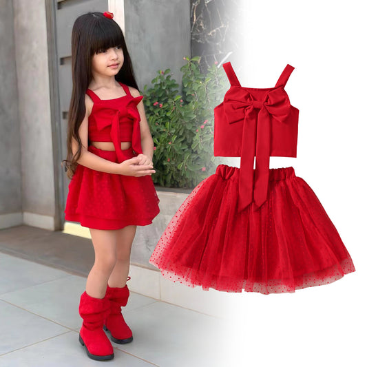 Summer New Girls' Suit Strappy Bow Top With Tulle Skirt Two-piece Set