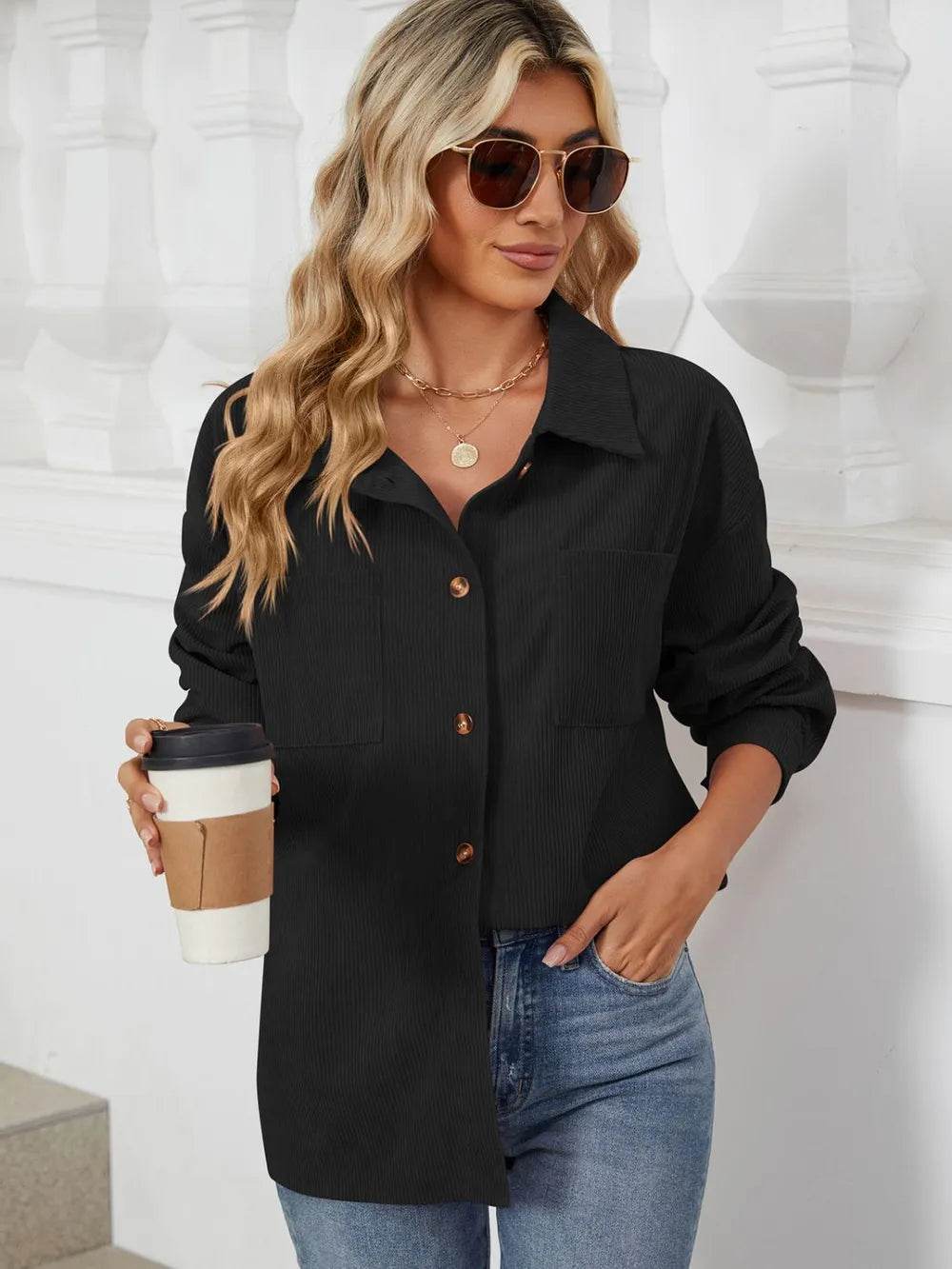 Button Up Dropped Shoulder Long Sleeve Outerwear - Millivan supplies 