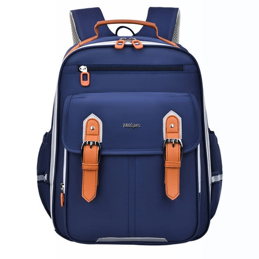 Blue backpack with brown straps on a white background