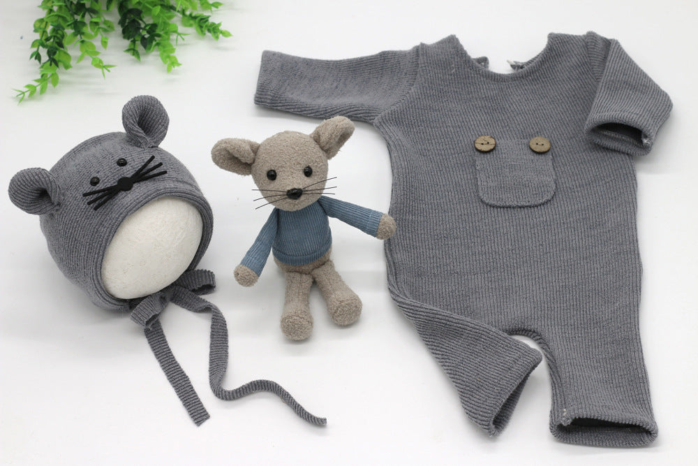 Three-piece Soft Knitted Jumpsuit, Hat, Doll And Mouse
